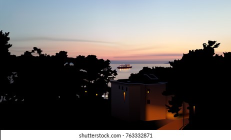 Vector Cruiser at Adriatic Sea in The Sunset, Beautiful Sky and Trees Silhouettes in The Front, Eps 10 Vector, Gradient Mesh and Transparency Used