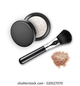 Vector Crumbled Face Cosmetic Make up Powder Blusher in Black Round Plastic Case with Makeup Brush Applicator Top View Isolated on White Background