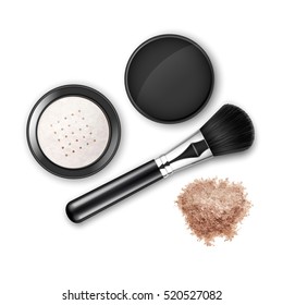 Vector Crumbled Face Cosmetic Make up Powder Blusher in Black Round Plastic Case with Makeup Brush Applicator Top View Isolated on White Background