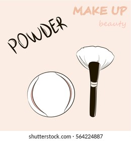 Vector Crumbled Face Cosmetic Make up Powder Blusher in Black Round Plastic Case with Makeup Brush Applicator Top View Isolated on White Background