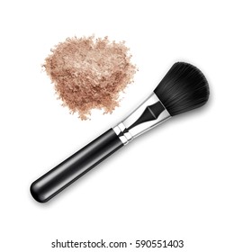 Vector Crumbled Face Cosmetic Make up Powder Blusher with Makeup Brush Applicator Top View Isolated on White Background