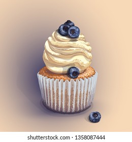 Vector of a crumbly, gentle wet biscuit cupcake with a stunning cream soft air cheese cream, creme brulee, with juicy fresh blueberry. Light-blue paper cake mold got wet from the juiciness of the cake
