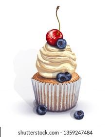 Vector of a crumbly, gentle wet biscuit cupcake with a stunning soft air cheese cream, brulee, with juicy fresh blueberry and cherry. Light-blue paper cake mold got wet from the juiciness of the cake