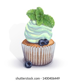 Vector of a crumbly, gentle wet biscuit cupcake with a stunning cream soft air cheese cream, taste mint, with juicy fresh blueberry and sprig of mint. Blue paper got wet from the juiciness of the cake