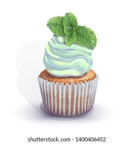 Vector of a crumbly, gentle wet biscuit cupcake with a stunning cream soft air cheese cream, taste and color mint, with juicy fresh sprig of mint. Blue paper got wet from the juiciness of the cake