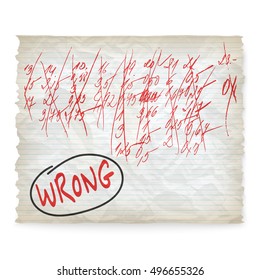 Vector crumpled lined paper and hand written wrong calculation