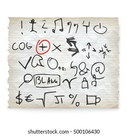 Vector crumpled lined paper and hand written symbols
