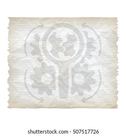 Vector crumpled lined paper with magnifier and cogwheels