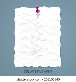 Vector crumpled paper sheet with pin on background