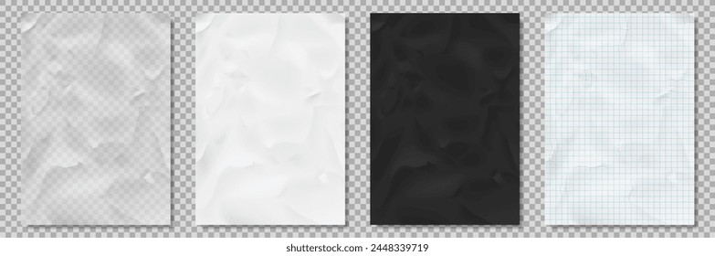 Vector crumpled paper sheets. Transparent, white, black and notebook sheets. Set of realistic empty sheets of paper isolated on checkered background. Vector illustration.