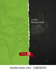 Vector crumpled torn green paper background with ribbon tag over a grungy wall