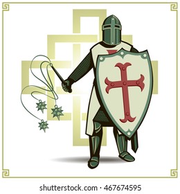 Vector Crusader Knight in armor with a weapon on a white background with ornament