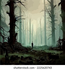 Vector cryptic illustration with house, forests with blue fog. landscape with spooky house, forest, graveyard. Vector illustration of a spooky foggy forest at night.