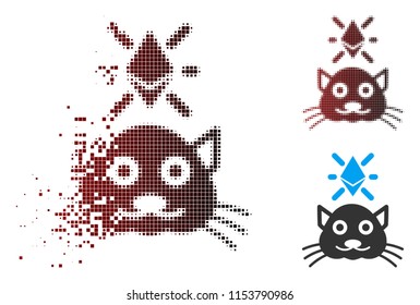 Vector crypto kitty icon in dispersed, dotted halftone and undamaged entire variants. Disappearing effect involves square scintillas and horizontal gradient from red to black.