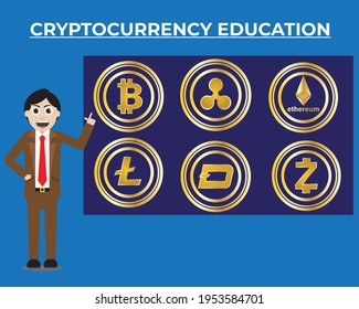 A vector of cryptocurrency education concept with Bitcoin, Ripple Coin, Ethereum, Litecoin, Altcoin, and Z cash on blue board. Higher return cryptocurrency investment comes from right knowledge.