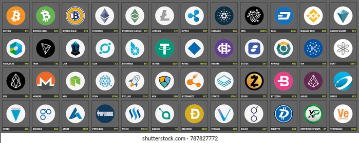 Vector cryptocurrency icons and symbols on dark grey background