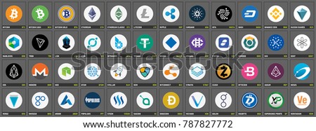 Vector cryptocurrency icons and symbols on dark grey background