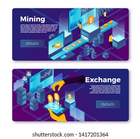 Vector cryptocurrency mining and exchange banner templates set. People working with coins and phone merchant application. With place for your text.