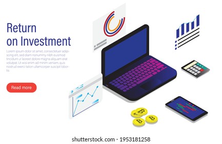 A vector of cryptocurrency trading with Return on Investment and read more tab. Cryptocurrency is making good return for investment.