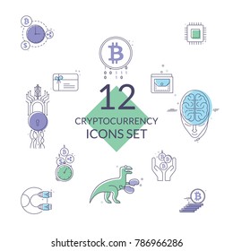 Vector cryptography currency related monoline icon set. Bitcoin currency info graphics template. Linear financial technology vector design concept. Mining. Blockchain. Wallet. Atomic cross-chain.