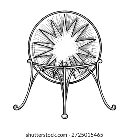Vetor Crystal Ball no suporte ornamentado no estilo gráfico vintage. Ilustração linear para desenhos de tarô, cartazes místicos, impressões esotéricas, símbolos ocultos, tatuagens e composições decorativas.