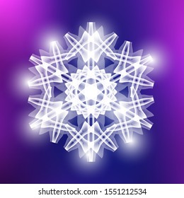 Vector crystal beautiful snowflake on colorful background. Winter holiday abstract template can be used for banner or invitation. Merry Christmas or Happy New Year shiny geometric element wow effect.