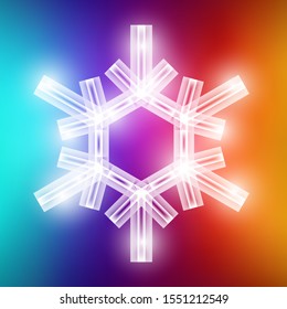 Vector crystal beautiful snowflake on colorful background. Winter holiday abstract template can be used for banner or invitation. Merry Christmas or Happy New Year shiny geometric element wow effect.
