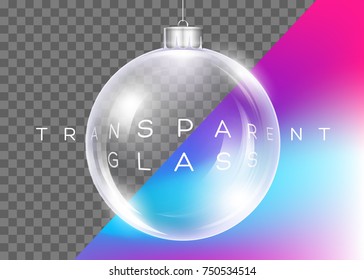 Vector Crystal Clear Christmas Ball. Realistic Glossy Transparent Ball. Xmas Toy for Banner, Poster, Invitation, Flyer, Greeting Card. 3D Reflections, Shiny Effect. Isolated.