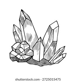 Vector crystal cluster drawn in graphic line style. Linear illustration of Minerals for mystical arts, alchemy themes, tattoos, posters, prints, coloring pages and esoteric fantasy designs.