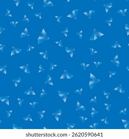 Vector crystal diamond seamless pattern on blue background. Glass transparent prism backdrop. Mineral random triangle pyramid set.