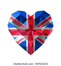 Vector crystal gem jewelry British heart with The flag of the United Kingdom of Great Britain and Northern Ireland. Flat style logo symbol of love UK. The Union Jack Flag.
