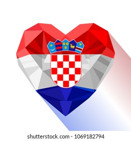 Vector crystal gem jewelry Croatian heart with the flag of the Republic of Croatia. Flat style logo symbol of love Croatia. Southeastern Europe.