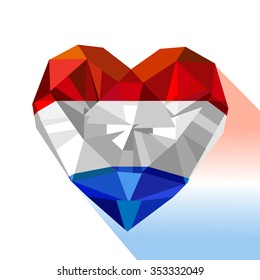 Joyas de cristal de Vector corazón holandés con la bandera de los Países Bajos. Logo de estilo plano símbolo del amor Países Bajos. Día de la Liberación. Europa