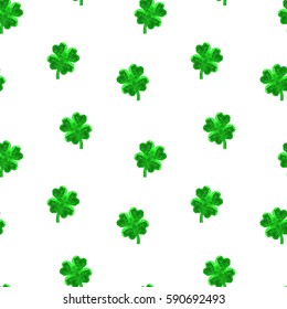 Vector crystal gem jewelry Four-leaf lucky clover. Symbol of fortune seamless vector pattern on white background.