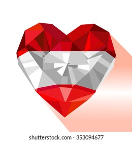 Vector crystal gem jewelry heart with Austrian flag. Flat style logo symbol of love Austria. Austrian National Day. Europe