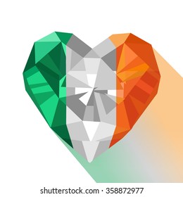 Vector crystal gem jewelry Irish heart with the flag of the Republic of Ireland. Flat style logo symbol of love Ireland. Saint Patrick's Day. Europe