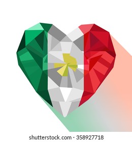 Vector crystal gem jewelry Mexican heart with the flag of the United Mexican States. Flat style logo symbol of love Mexico. Constitution Day. Flag Day