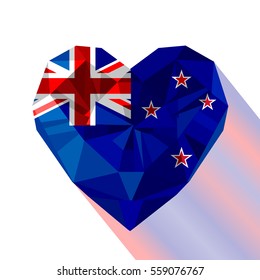 Vector crystal gem jewelry New Zealand's heart with the flag of New Zealand. Flat style logo symbol of love New Zealand. Waitangi Day 6 February.Anzac Day.