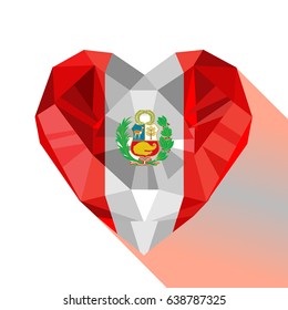 Vector crystal gem jewelry Peruvian heart with the flag of the Republic of Peru. Flat style logo symbol of love Peru. South America