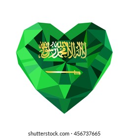 Vector crystal gem jewelry Saudi Arabian  heart with the flag of the Kingdom of Saudi Arabia. Flat style logo symbol of love KSA. Saudi National Day. Unification of the Kingdom. 23 September	