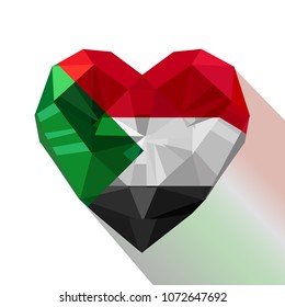 Vector crystal gem Sudanese heart with the flag of the Republic of the Sudan. Flat style logo symbol of love North Sudan. 