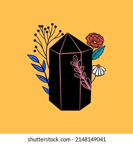 Vector crystal with plants card. Hand drawn stylish composition with gemstone