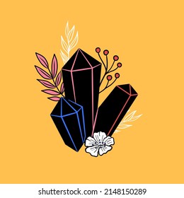 Vector crystal with plants card. Hand drawn stylish composition with gemstone