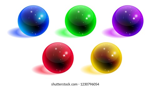 Vector crystal sphere colorful set with shadow isolated on white background