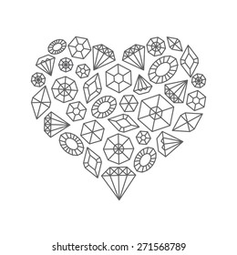 Vector crystals concept illustration. I love crystals. Signs and symbols in heart shape. Perfect for greeting cards,  invitations, retro parties. Vector labels and badges.