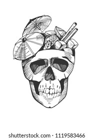 Vector Cuba libre cocktail with paper umbrellas and ice cubes in a skull. Cocktail party emblem, vintage hand-drawn style.