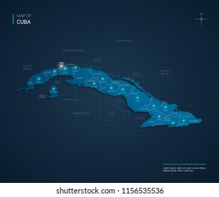 Vector Cuba map illustration with blue neon lightpoints - triangle on dark blue gradient background. Administrative divisions, cities, borders, capital. Neon tech background with glow. 