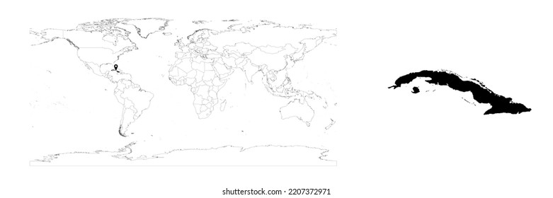 Mapa vectorial de Cuba que muestra la ubicación del país en el mapa del mundo y un mapa sólido para Cuba sobre fondo blanco. El archivo es adecuado para la edición digital y las impresiones de todos los tamaños.