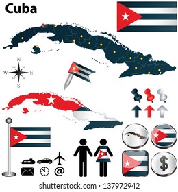 Vector of Cuba set with detailed country shape with region borders, flags and icons