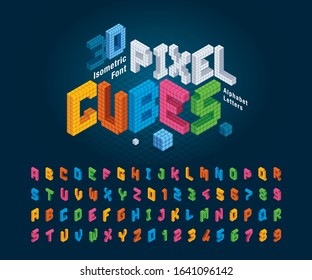 Vector of Cube Alphabet Letter, Abstract 3d Isometric Pixels stylized fonts, 3D alphabet. Isometric Cubes letter, Rubik Pixel lettering, Modern Cubic Letters set for Design,Geometric, Hi-tech, digital